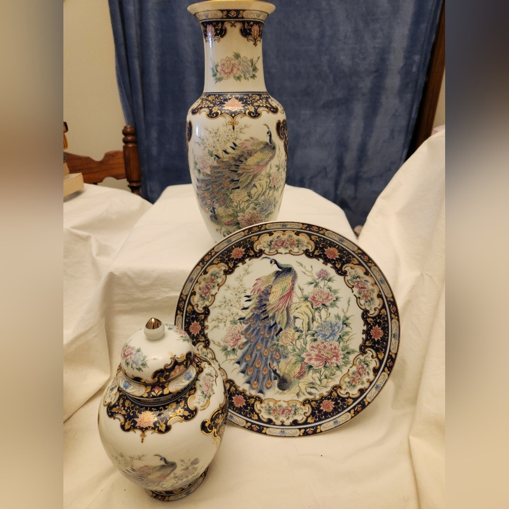 Vintage Japanese Porcelain 9" plate, Ginger Jar and Vase.
